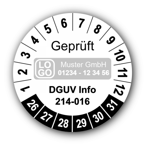 Geprüft DGUV Information 214-016, weiß, mit Wunschtext
