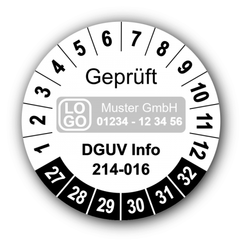 Geprüft DGUV Information 214-016, weiß, mit Wunschtext