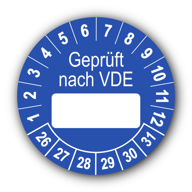 Geprüft nach VDE…, blau (zum Selbstbeschriften)