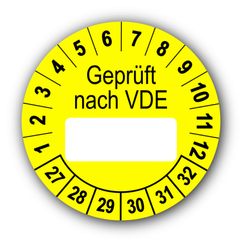 Geprüft nach VDE…, gelb (zum Selbstbeschriften)