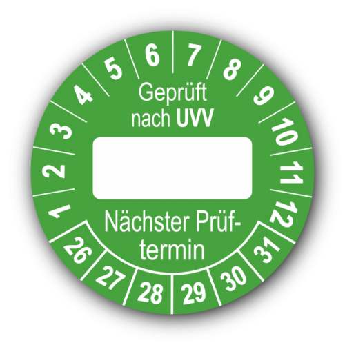 Geprüft nach UVV … Nächster Prüftermin, grün (zum Selbstbeschriften)