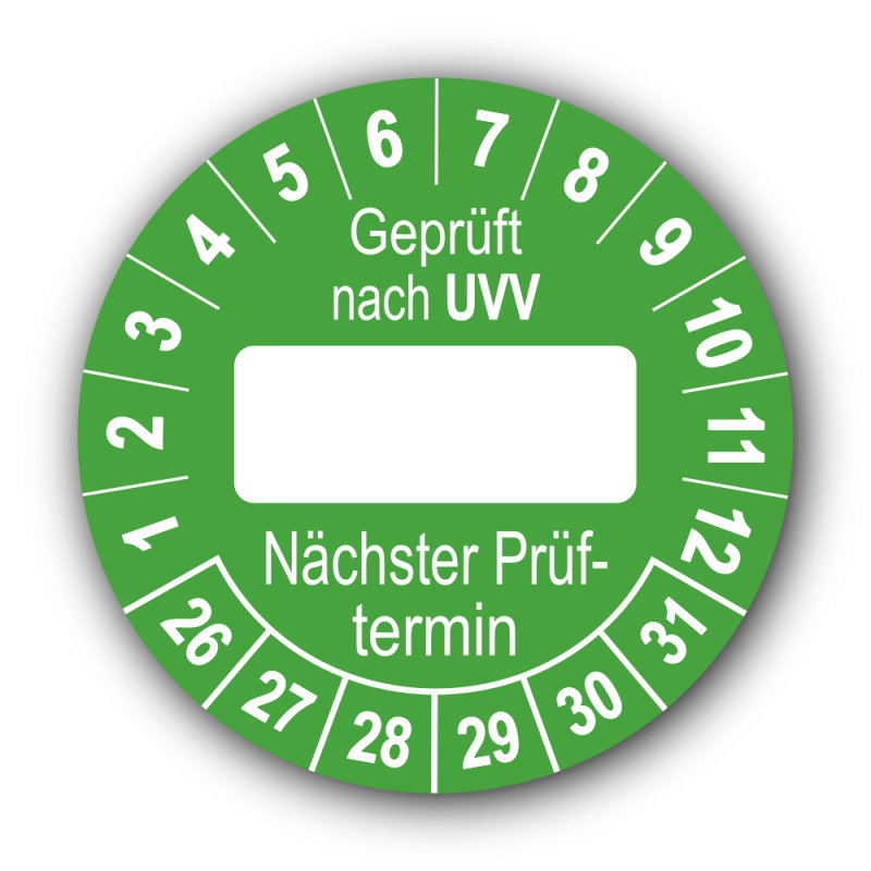 Geprüft nach UVV … Nächster Prüftermin, grün (zum Selbstbeschriften)