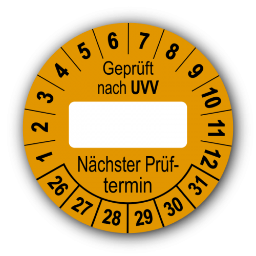 Geprüft nach UVV … Nächster Prüftermin, orange (zum Selbstbeschriften)