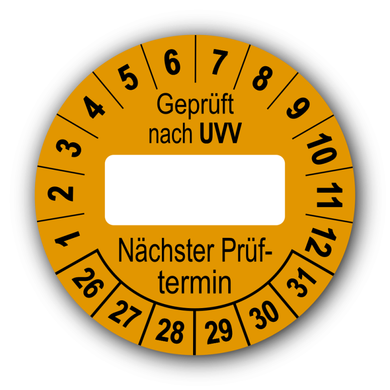 Geprüft nach UVV … Nächster Prüftermin, orange (zum Selbstbeschriften)