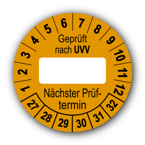 Geprüft nach UVV … Nächster Prüftermin, orange (zum Selbstbeschriften)