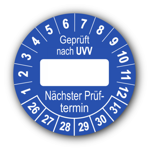 Geprüft nach UVV … Nächster Prüftermin, blau (zum Selbstbeschriften)