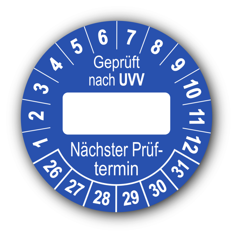 Geprüft nach UVV … Nächster Prüftermin, blau (zum Selbstbeschriften)