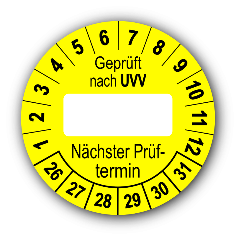 Geprüft nach UVV … Nächster Prüftermin, gelb (zum Selbstbeschriften)