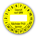 Geprüft nach UVV … Nächster Prüftermin, gelb (zum Selbstbeschriften)