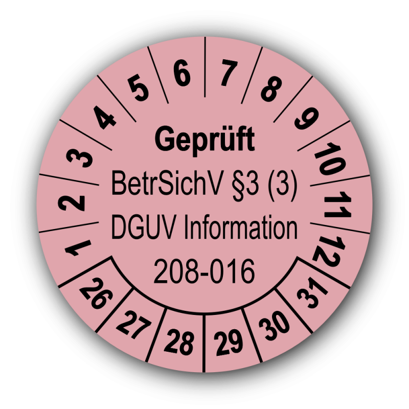 Geprüft BetrSichV §3 (3) DGUV Information 208-016, rosa