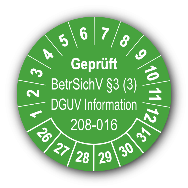 Geprüft BetrSichV §3 (3) DGUV Information 208-016, grün
