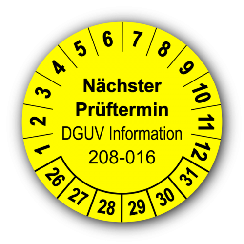 Nächster Prüftermin DGUV Information 208-016, gelb
