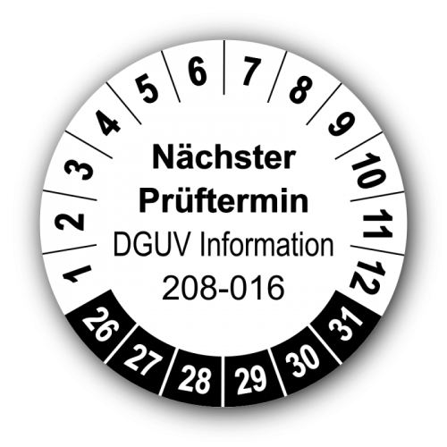 Nächster Prüftermin DGUV Information 208-016, weiß