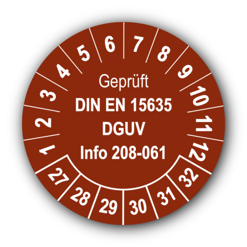 Geprüft DIN EN 15635 DGUV Info 208-061, braun