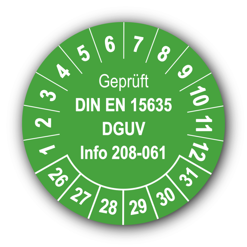 Geprüft DIN EN 15635 DGUV Info 208-061, grün