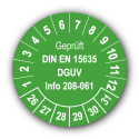 Geprüft DIN EN 15635 DGUV Info 208-061, grün
