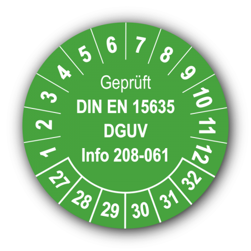 Geprüft DIN EN 15635 DGUV Info 208-061, grün