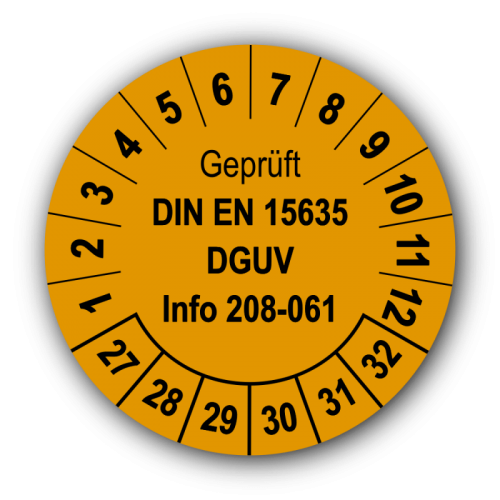 Geprüft DIN EN 15635 DGUV Info 208-061, orange