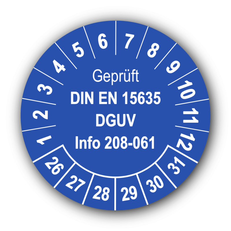 Geprüft DIN EN 15635 DGUV Info 208-061, blau