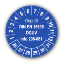 Geprüft DIN EN 15635 DGUV Info 208-061, blau