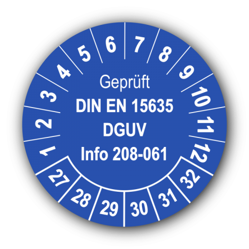 Geprüft DIN EN 15635 DGUV Info 208-061, blau