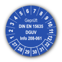 Geprüft DIN EN 15635 DGUV Info 208-061, blau