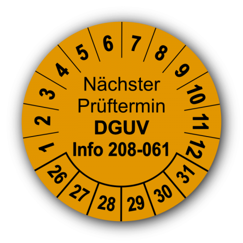 Nächster Prüftermin DGUV Information 208-061, orange