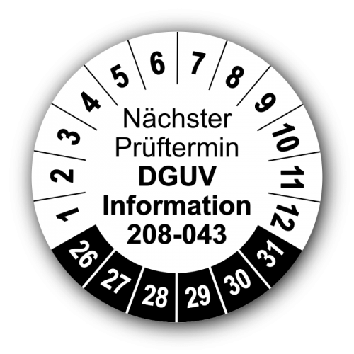 Nächster Prüftermin DGUV Information 208-043, weiß