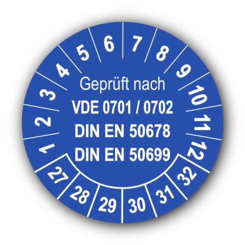 Geprüft nach VDE 0701 / 0702 DIN EN 50678 DIN EN 50699, blau