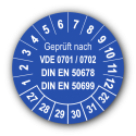 Geprüft nach VDE 0701 / 0702 DIN EN 50678 DIN EN 50699, blau