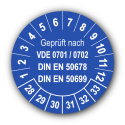 Geprüft nach VDE 0701 / 0702 DIN EN 50678 DIN EN 50699, blau