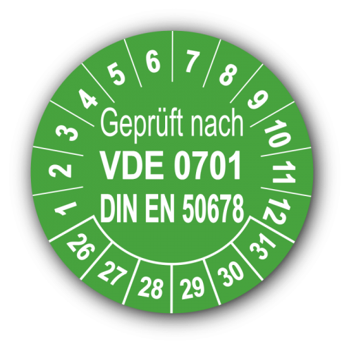 Geprüft VDE 0701 DIN EN 50678, grün