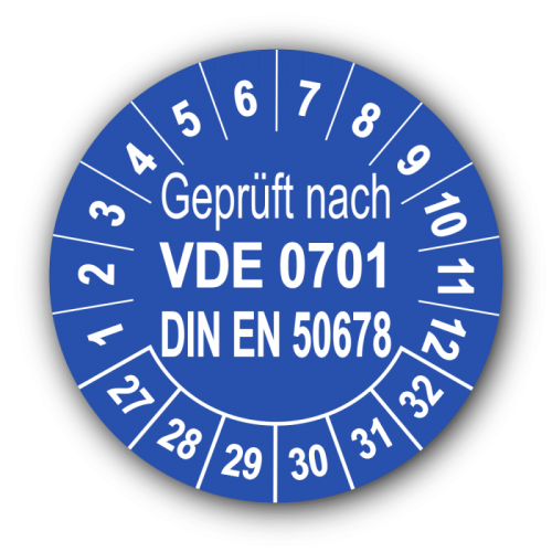 Geprüft VDE 0701 DIN EN 50678, blau