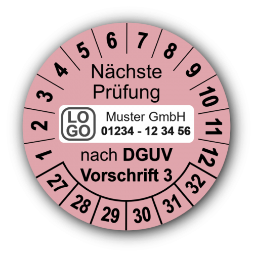 Nächste Prüfung nach DGUV Vorschrift 3, rosa, mit Wunschtext