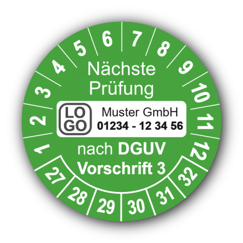 Nächste Prüfung nach DGUV Vorschrift 3, grün, mit Wunschtext