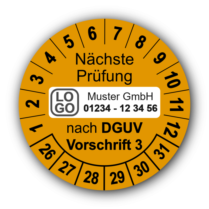 Nächste Prüfung nach DGUV Vorschrift 3, orange, mit Wunschtext
