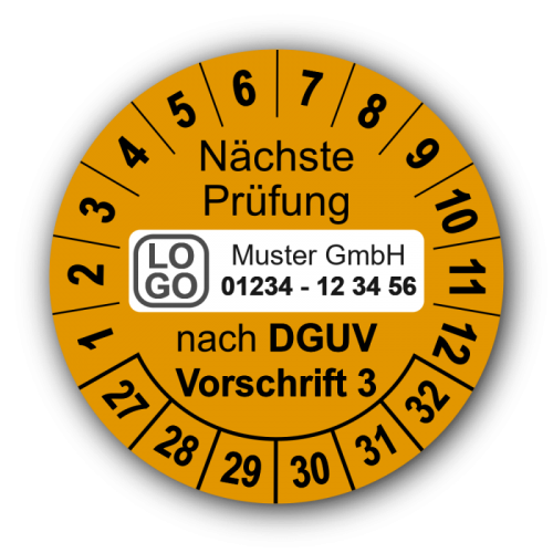 Nächste Prüfung nach DGUV Vorschrift 3, orange, mit Wunschtext