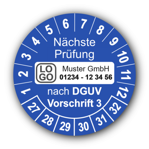 Nächste Prüfung nach DGUV Vorschrift 3, blau, mit Wunschtext