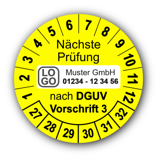 Nächste Prüfung nach DGUV Vorschrift 3, gelb, mit Wunschtext