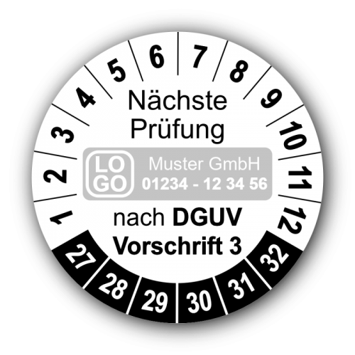 Nächste Prüfung nach DGUV Vorschrift 3, weiß, mit Wunschtext