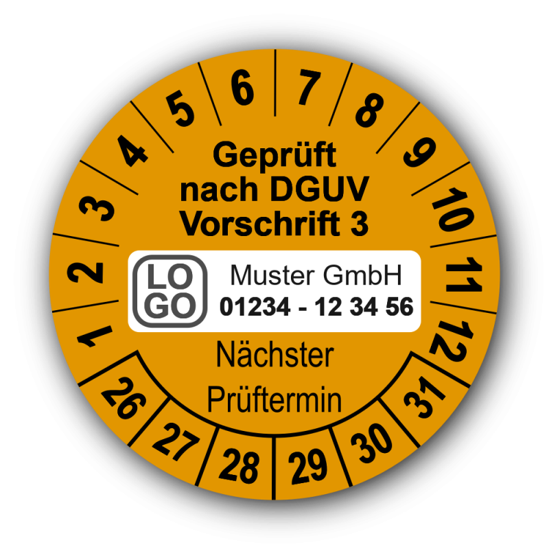 Geprüft nach DGUV Vorschrift 3 Nächster Prüftermin, orange, mit Wunschtext