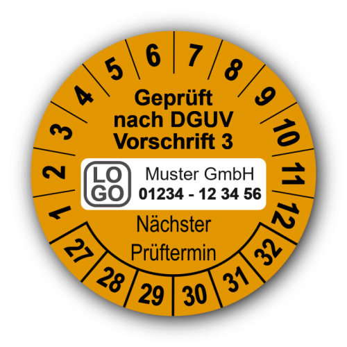 Geprüft nach DGUV Vorschrift 3 Nächster Prüftermin, orange, mit Wunschtext