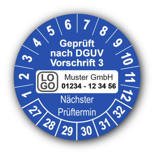 Geprüft nach DGUV Vorschrift 3 Nächster Prüftermin, blau, mit Wunschtext