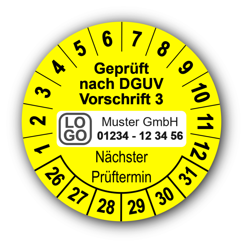 Geprüft nach DGUV Vorschrift 3 Nächster Prüftermin, gelb, mit Wunschtext