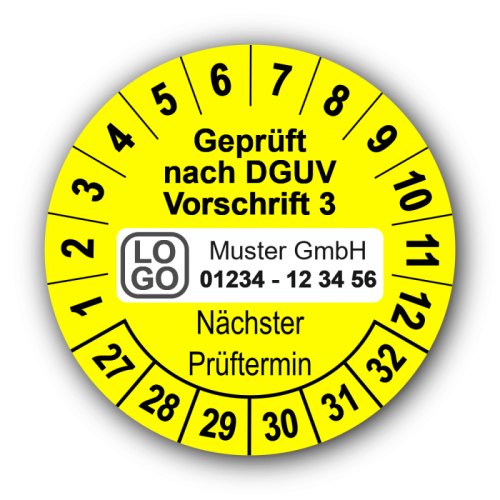 Geprüft nach DGUV Vorschrift 3 Nächster Prüftermin, gelb, mit Wunschtext