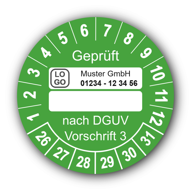 Geprüft … nach DGUV Vorschrift 3, grün (zum Selbstbeschriften), mit Wunschtext