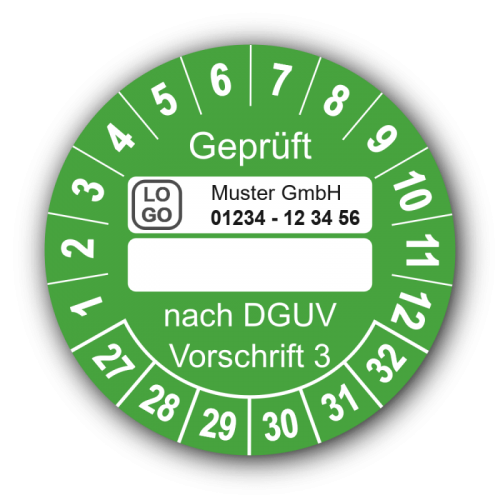 Geprüft … nach DGUV Vorschrift 3, grün (zum Selbstbeschriften), mit Wunschtext