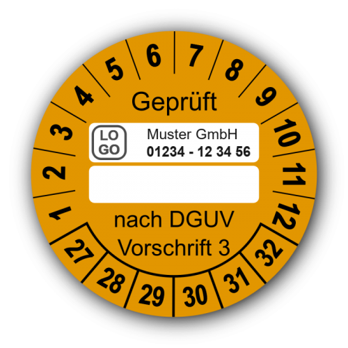 Geprüft … nach DGUV Vorschrift 3, orange (zum Selbstbeschriften), mit Wunschtext