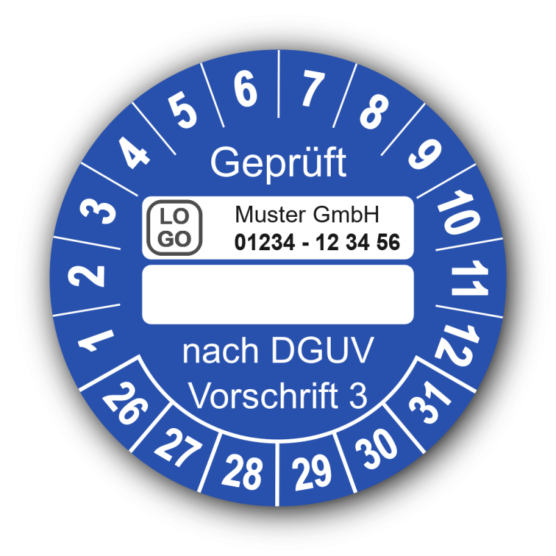 Geprüft … nach DGUV Vorschrift 3, blau (zum Selbstbeschriften), mit Wunschtext