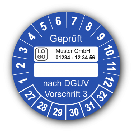 Geprüft … nach DGUV Vorschrift 3, blau (zum Selbstbeschriften), mit Wunschtext